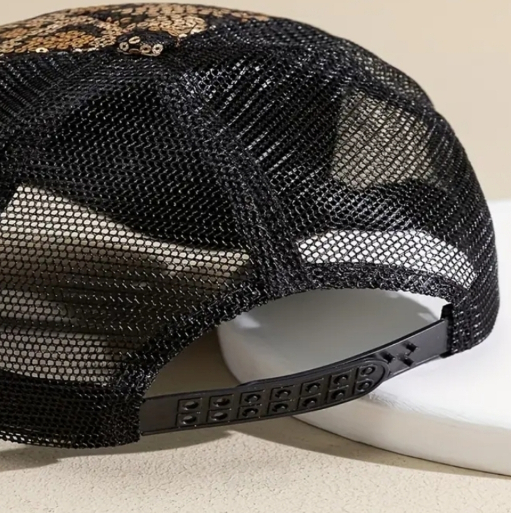 Leopard Design Sequined Adjustable Baseball / Trucker Hat - Picture 3 of 4